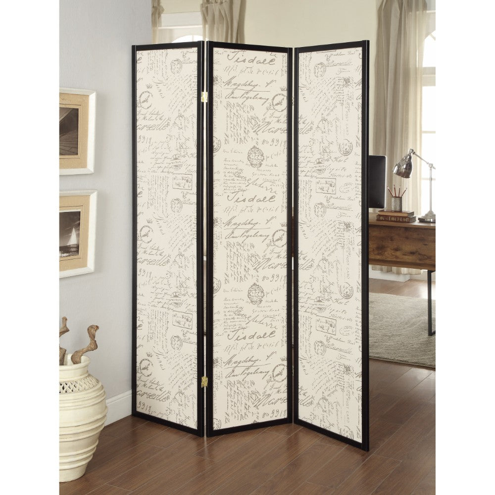 Three Panel Folding Floor Screen With Postal Script Panels, Brown  By Benzara | Room Divider |  Modishstore 