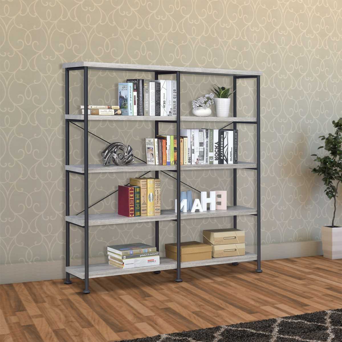 Contemporary Style Wood And Metal Open Bookcase, Gray  By Benzara | Bookcases |  Modishstore 
