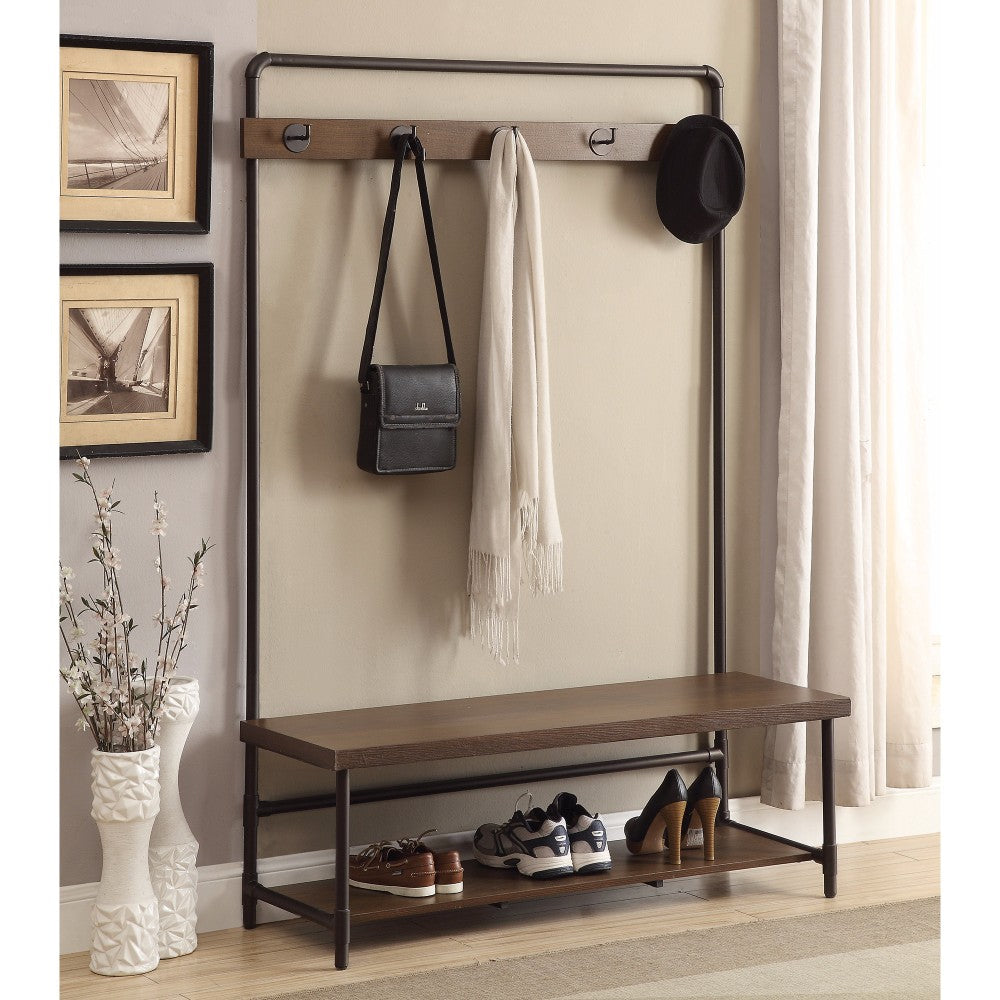Industrial Inspired Pipe Designed Hall Tree With Built In Bench, Brown And Bronze  By Benzara | Benches |  Modishstore 