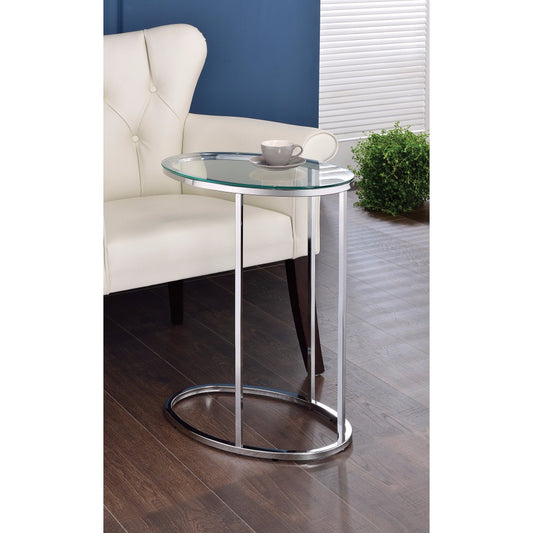 Stylish Oval Shaped Metal Snack Table With Glass Top, Silver By Benzara | Console Tables | Modishstore