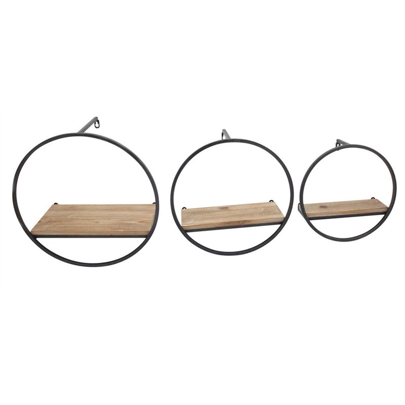 Round Shape Metal And Wood Wall Shelf, Brown, Set Of 3 By Benzara | Wall Shelf |  Modishstore 