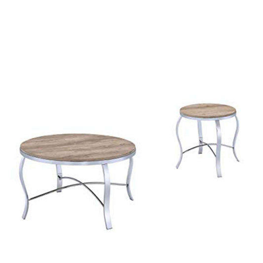 Metal & Wooden 3 Piece Pack Coffee/End Table Set, Brown & Silver  By Benzara