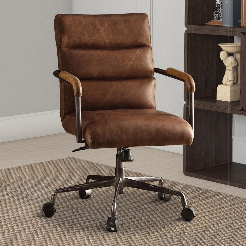 Metal & Top Grain Leather Executive Office Chair, Retro Brown By Benzara | Office Chairs |  Modishstore  - 6