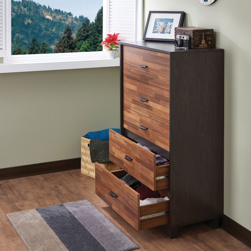 Wooden Chest With 5 Drawers, Walnut & Espresso Brown  By Benzara | Drawers |  Modishstore 