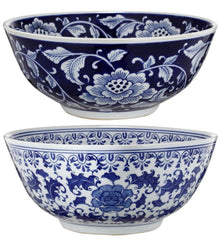 Round Ceramic Bowl With Floral Print, Set Of 2, Blue And White,  By Benzara