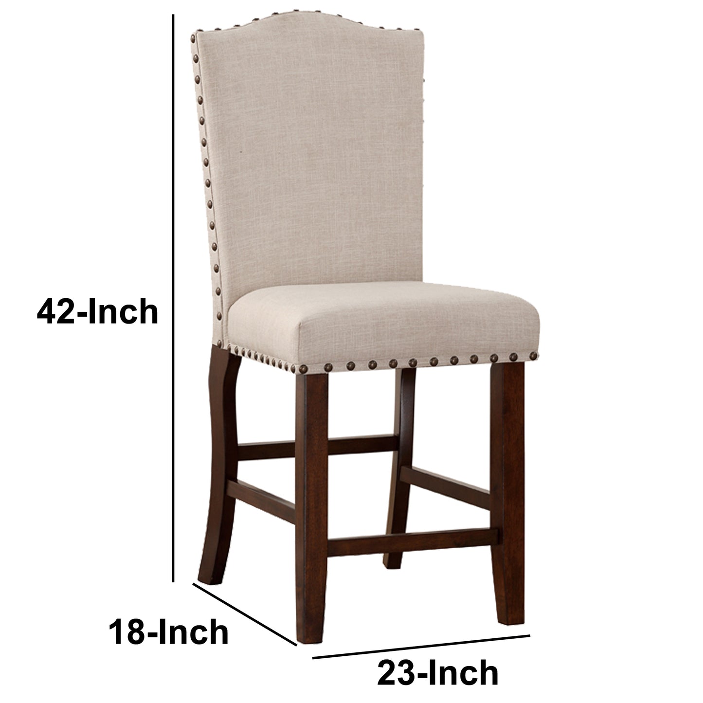 Rubber Wood High Chair With Studded Trim, Cream & Cherry Brown, Set Of 2 By Benzara | Counter Stools | Modishstore - 3