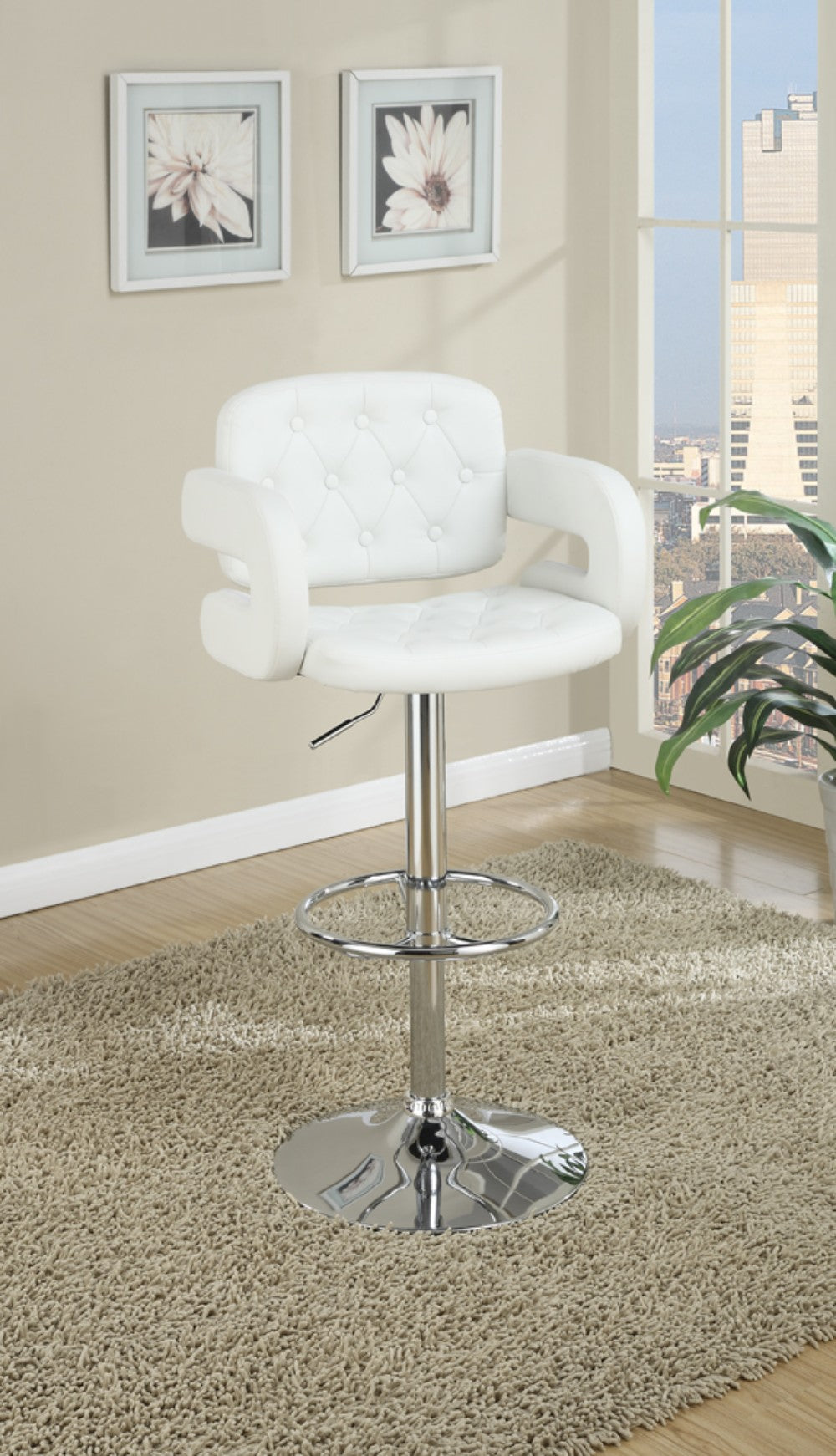 Chair Style Barstool With Tufted Seat And Back White And Silver By Benzara | Bar Stools |  Modishstore 