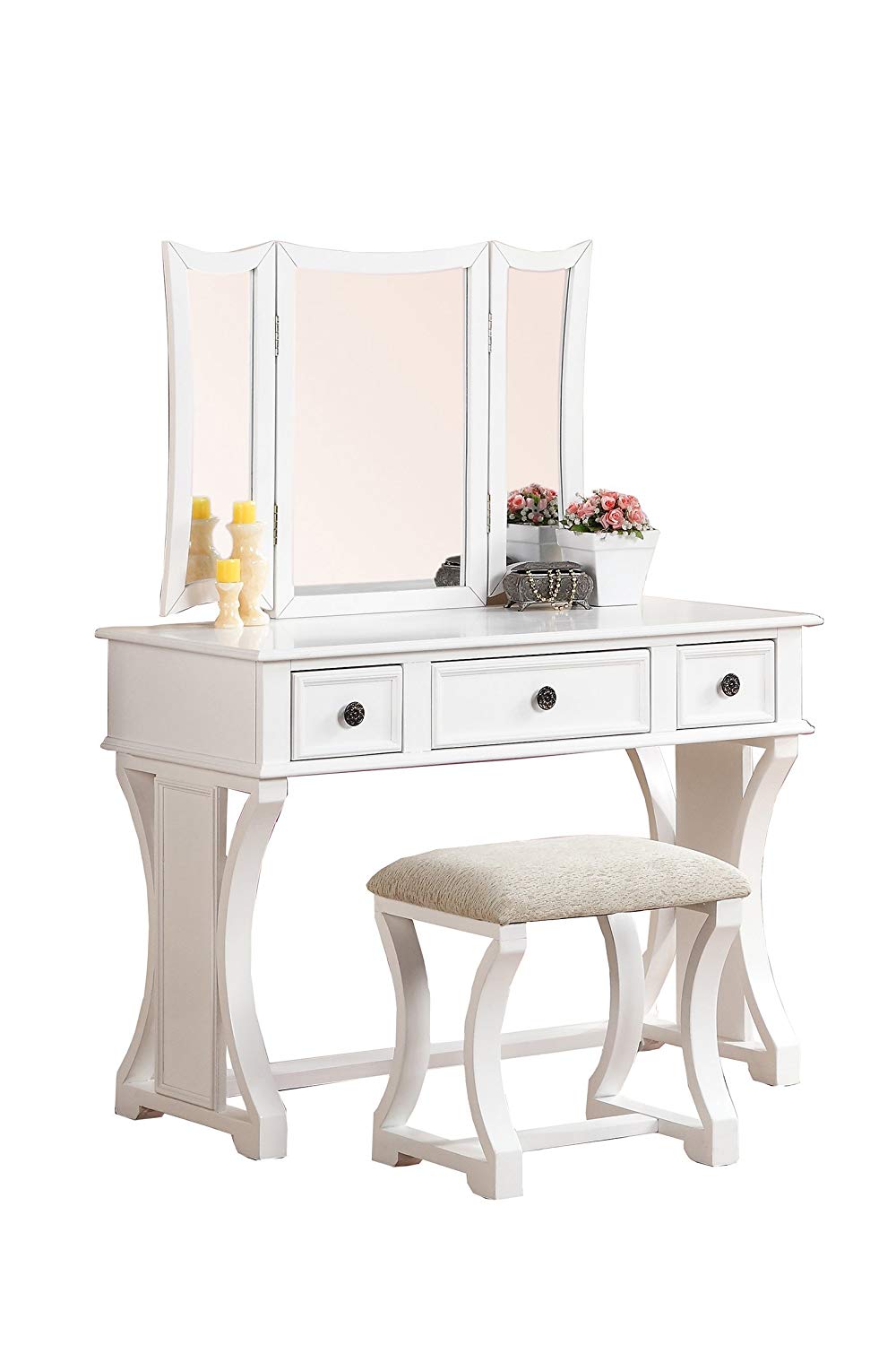 Vanity Set Featuring Stool And Mirror White By Benzara | Bedroom Sets |  Modishstore 