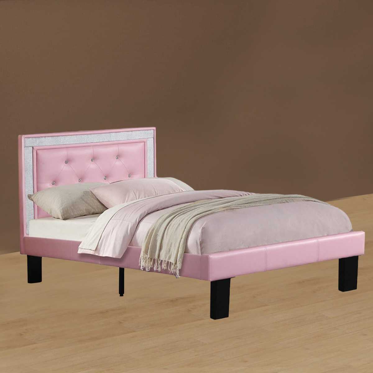 Wooden Full Bed With Pink Pu Tufted Head Board, Pink Finish  By Benzara | Beds |  Modishstore 