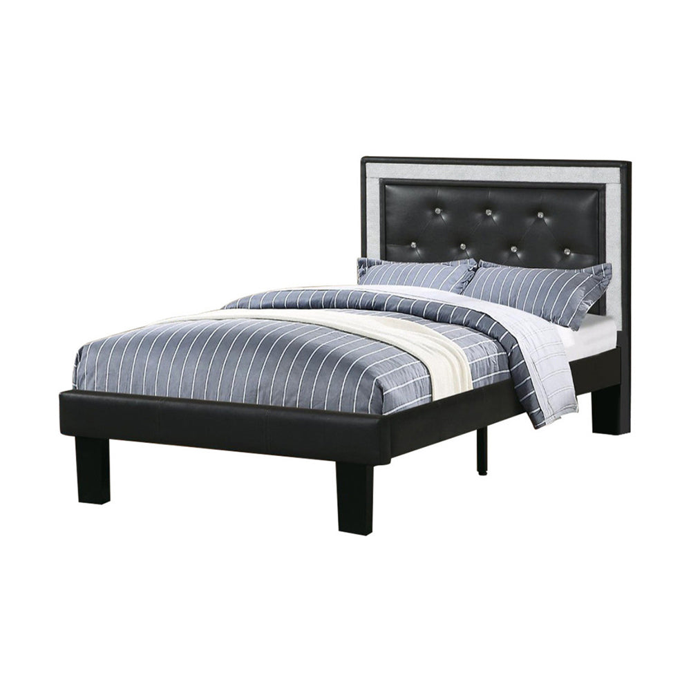 Wooden Full Bed With Ash-Black Pu Tufted Head Board, Black Finish By Benzara | Beds | Modishstore - 2