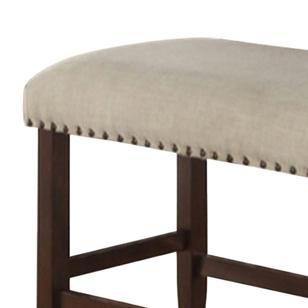 Rubber Wood High Bench With Cream Upholstery Brown By Benzara | Benches |  Modishstore  - 4