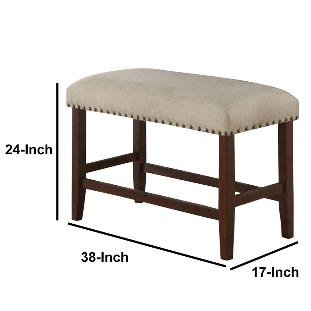 Rubber Wood High Bench With Cream Upholstery Brown By Benzara | Benches |  Modishstore  - 6