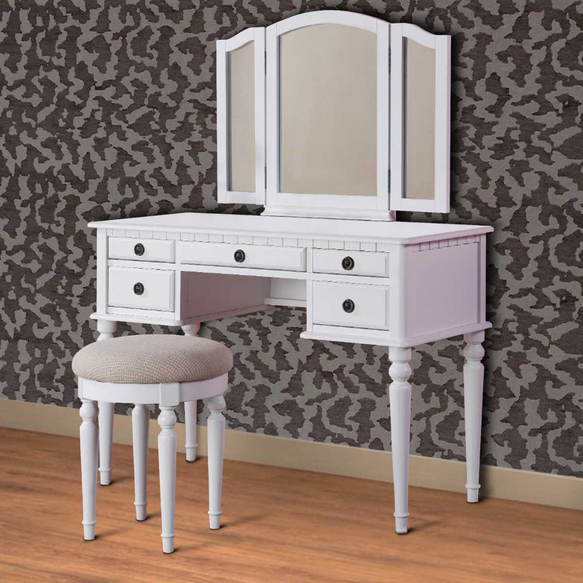 Wooden Vanity Set With Stool White  By Benzara | Bedroom Sets |  Modishstore  - 2