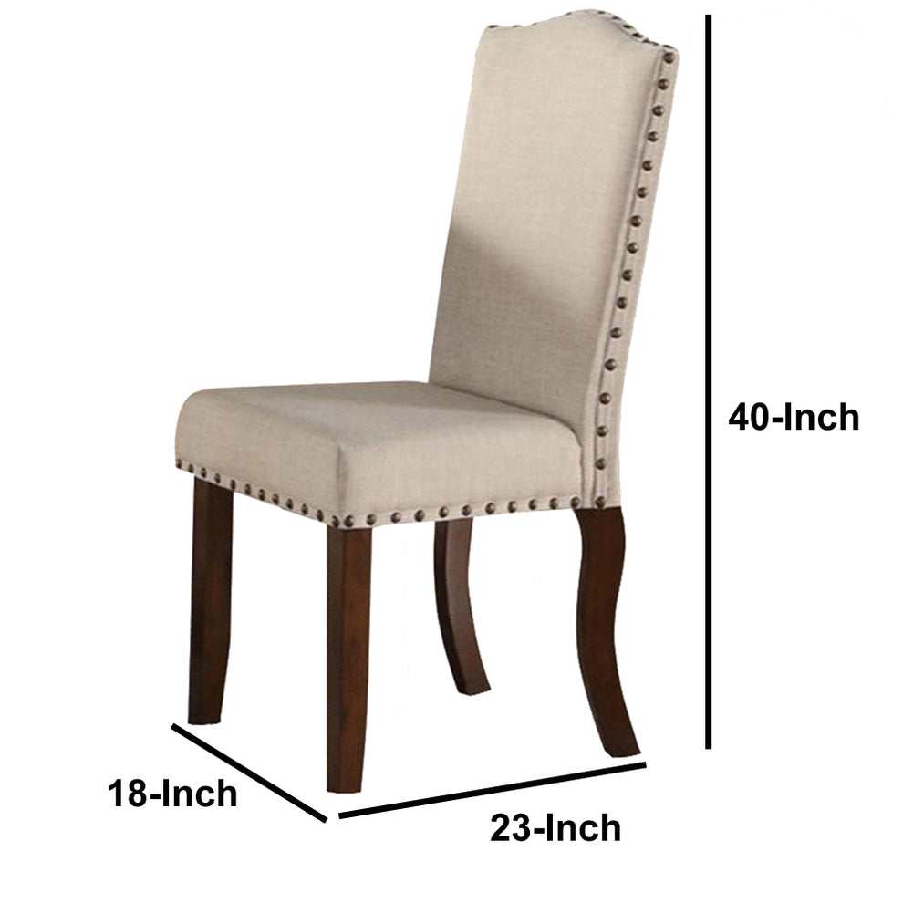 Rubber Wood Dining Chair With Nail Head Trim, Set Of 2, Brown And Cream By Benzara | Dining Chairs | Modishstore - 2