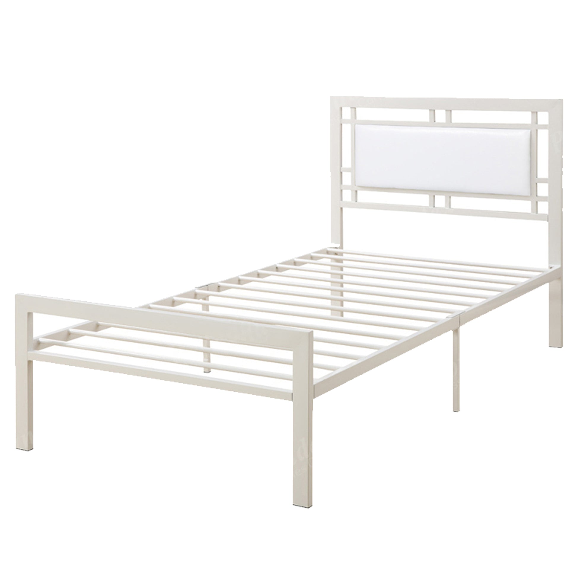Metal Frame Twin Bed With Leather Upholstered Headboard, White By Benzara | Beds |  Modishstore  - 2