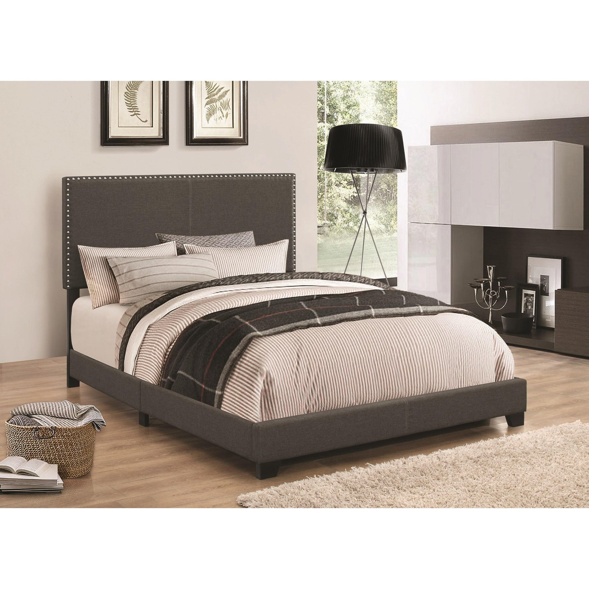 Charcoal Upholstered Eastern King Bed By Benzara | Beds | Modishstore