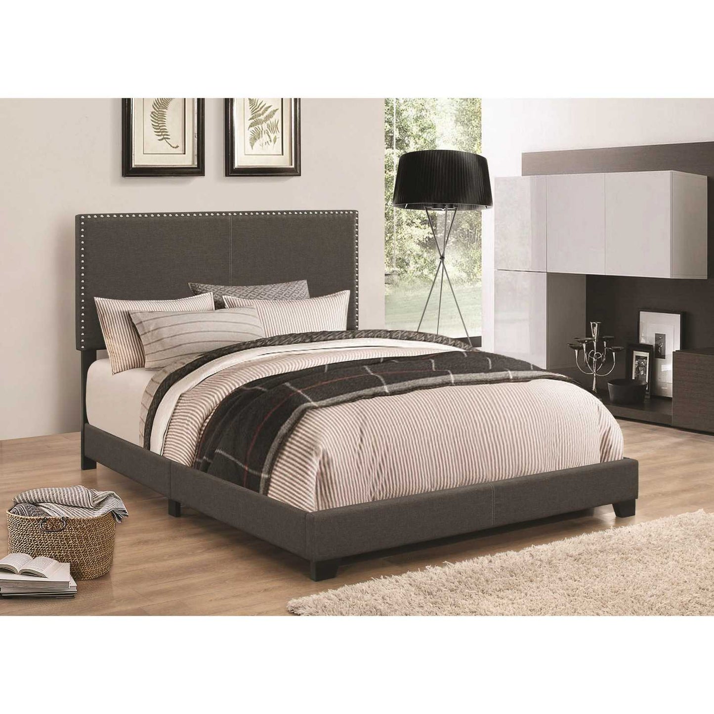 Explicitly Crisp Upholstered Cal King Bed, Charcoal  By Benzara | Beds |  Modishstore 