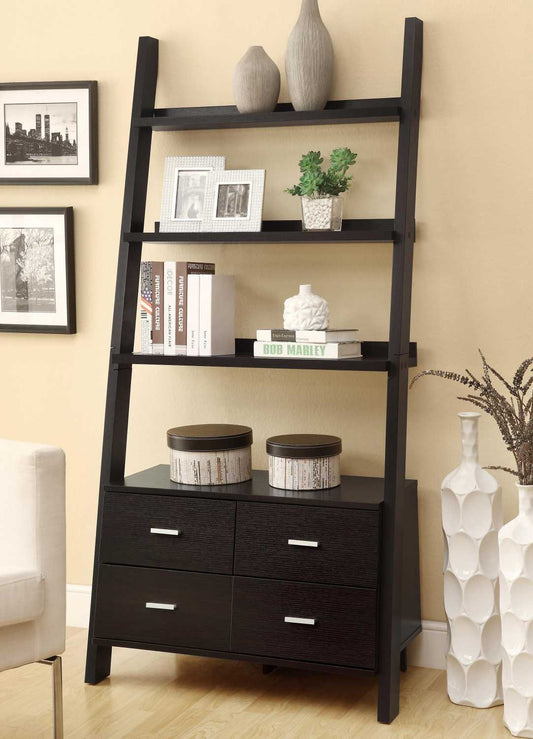 Ladder Bookcase With 4 Storage Drawers And Open Shelves, Cappuccino  By Benzara | Bookcases |  Modishstore 
