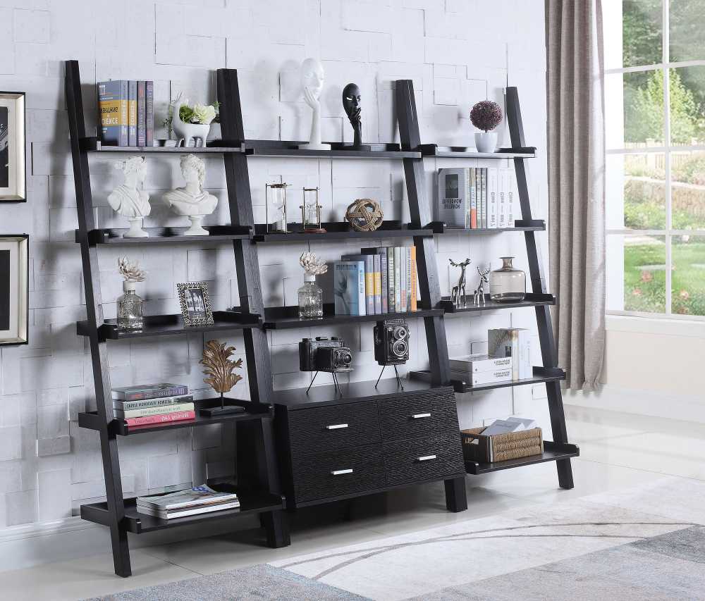 Ladder Bookcase With 4 Storage Drawers And Open Shelves, Cappuccino  By Benzara | Bookcases |  Modishstore  - 5