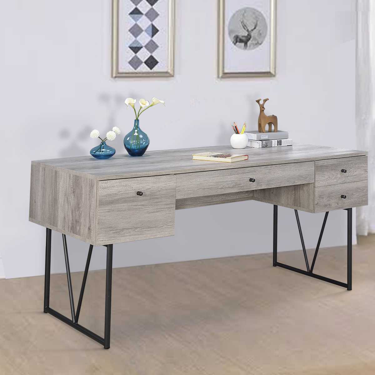 Writing Desk-4 Drawer, Driftwood Gray  By Benzara | Desks |  Modishstore  - 2