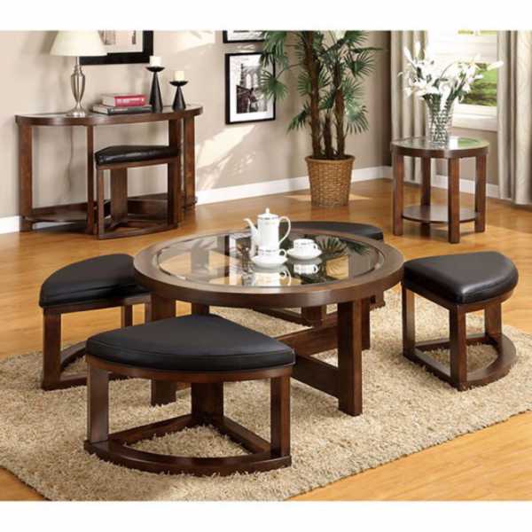 Round Wooden Coffee Table With Stylish Wedge Shaped 4 Ottomans  By Benzara | Coffee Tables |  Modishstore  - 2