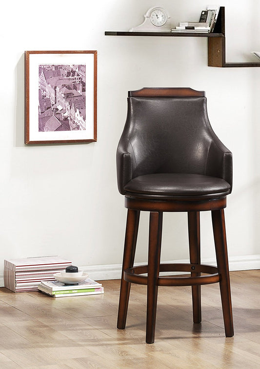 Wood & Leather Bar Height Chair With Swivel Mechanism, Oak Brown & Black, Set Of 2 By Benzara | Dining Chairs | Modishstore