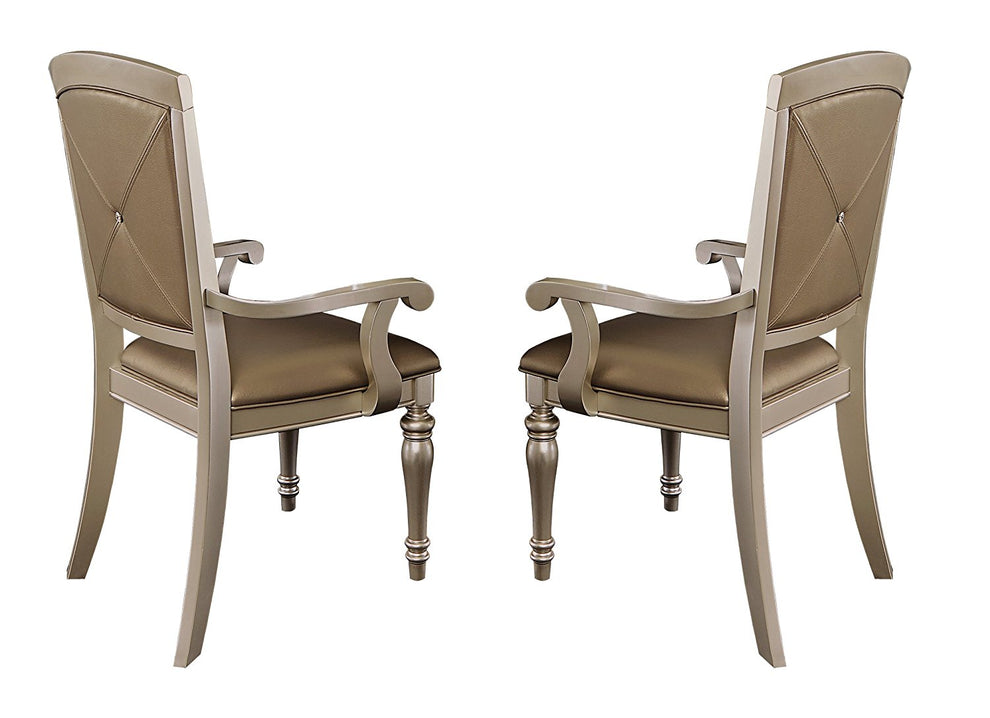 Wooden & Leather Dining Side Arm Chair With Crystal Tufting, Silver, Set Of 2 By Benzara | Dining Chairs | Modishstore - 2