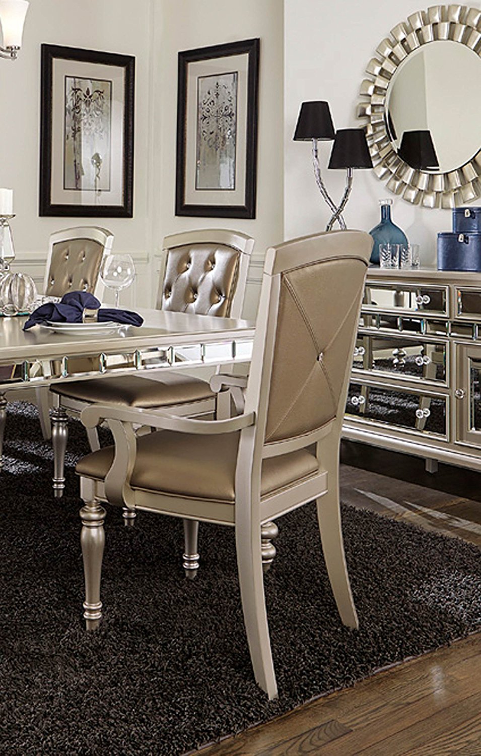 Wooden & Leather Dining Side Arm Chair With Crystal Tufting, Silver, Set Of 2 By Benzara | Dining Chairs | Modishstore