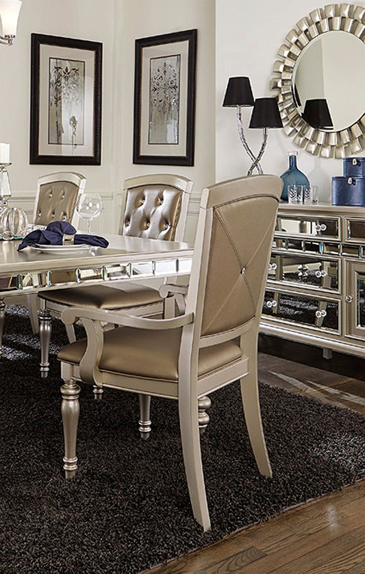 Wooden & Leather Dining Side Arm Chair With Crystal Tufting, Silver, Set Of 2 By Benzara | Dining Chairs | Modishstore