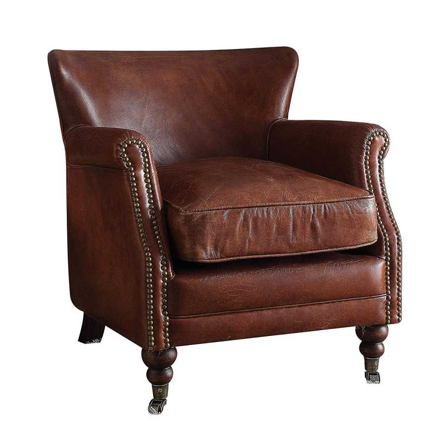 Leather Upholstered Accent Chair With Nail Head Trim, Dark Brown By Benzara | Accent Chairs |  Modishstore  - 2