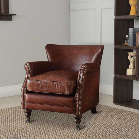 Leather Upholstered Accent Chair With Nail Head Trim, Dark Brown By Benzara | Accent Chairs |  Modishstore 