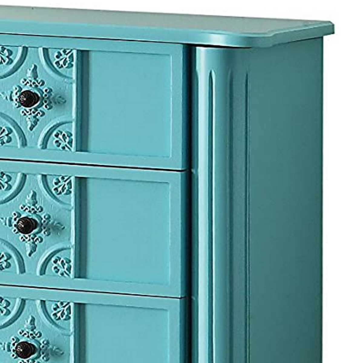5 Drawer Jewelry Armoire With Flip Top Mirror And Fluted Legs, Blue By Benzara | Drawers |  Modishstore  - 4