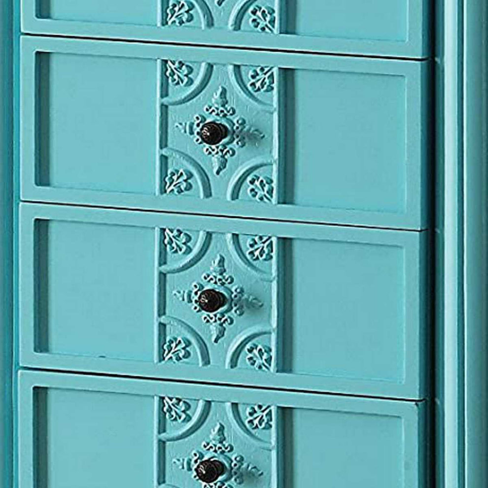 5 Drawer Jewelry Armoire With Flip Top Mirror And Fluted Legs, Blue By Benzara | Drawers |  Modishstore  - 2