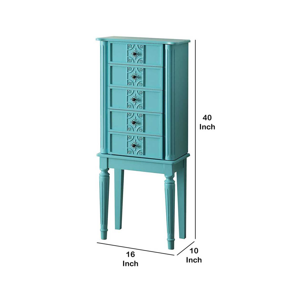 5 Drawer Jewelry Armoire With Flip Top Mirror And Fluted Legs, Blue By Benzara | Drawers |  Modishstore  - 3