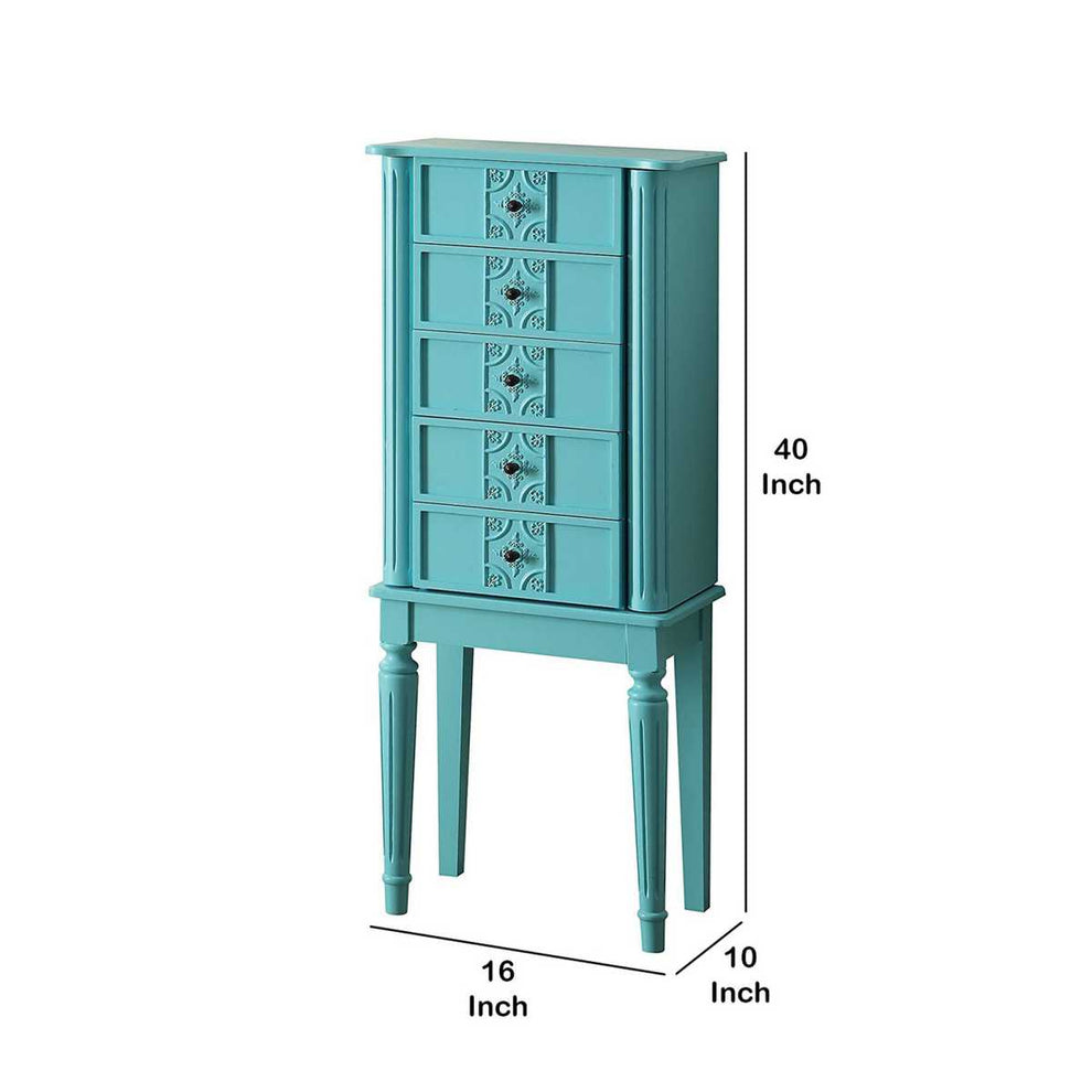 5 Drawer Jewelry Armoire With Flip Top Mirror And Fluted Legs, Blue By Benzara | Drawers |  Modishstore  - 3