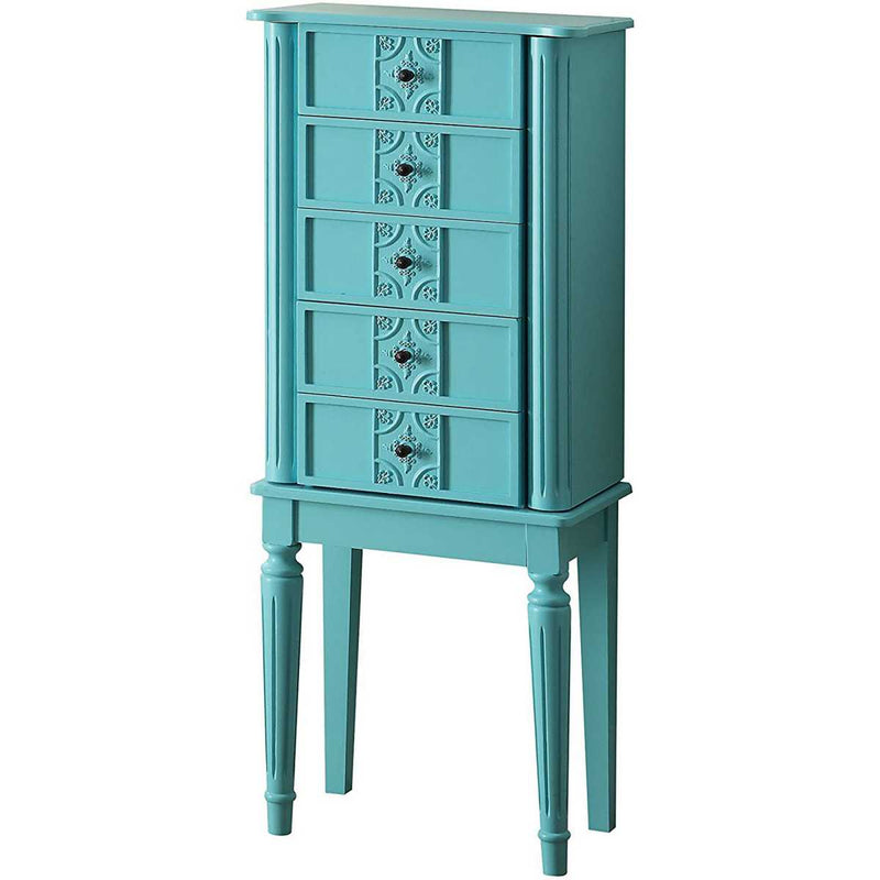 5 Drawer Jewelry Armoire With Flip Top Mirror And Fluted Legs, Blue By Benzara | Drawers |  Modishstore 