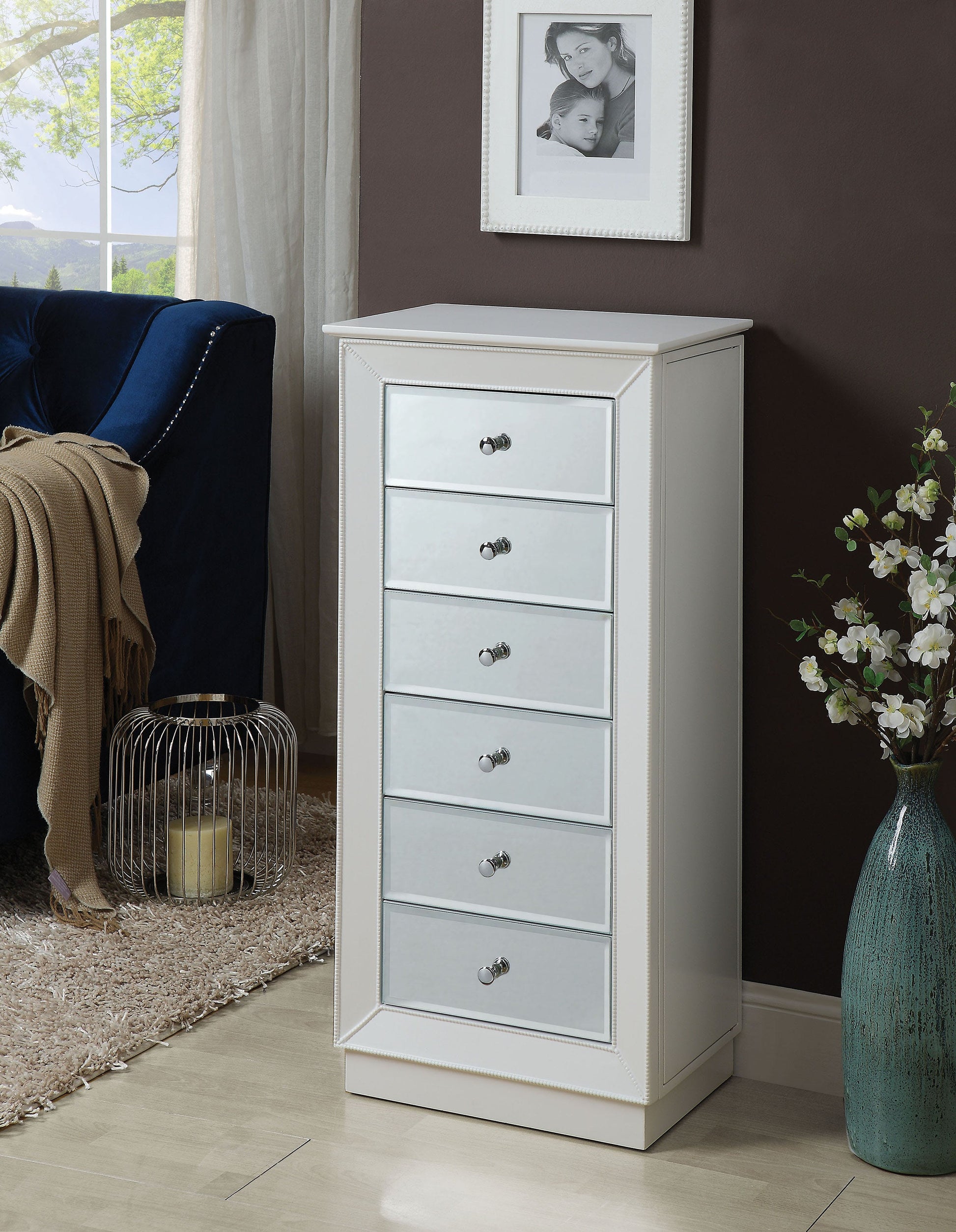 Wood Jewelry Armoire Having 6 Drawers With Mirror Front, White By Benzara | Drawers |  Modishstore 