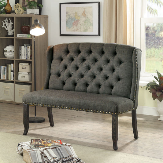 Tufted High Back 2 Seater Love Seat Bench With Nailhead Trims, Gray By Benzara | Loveseats |  Modishstore 