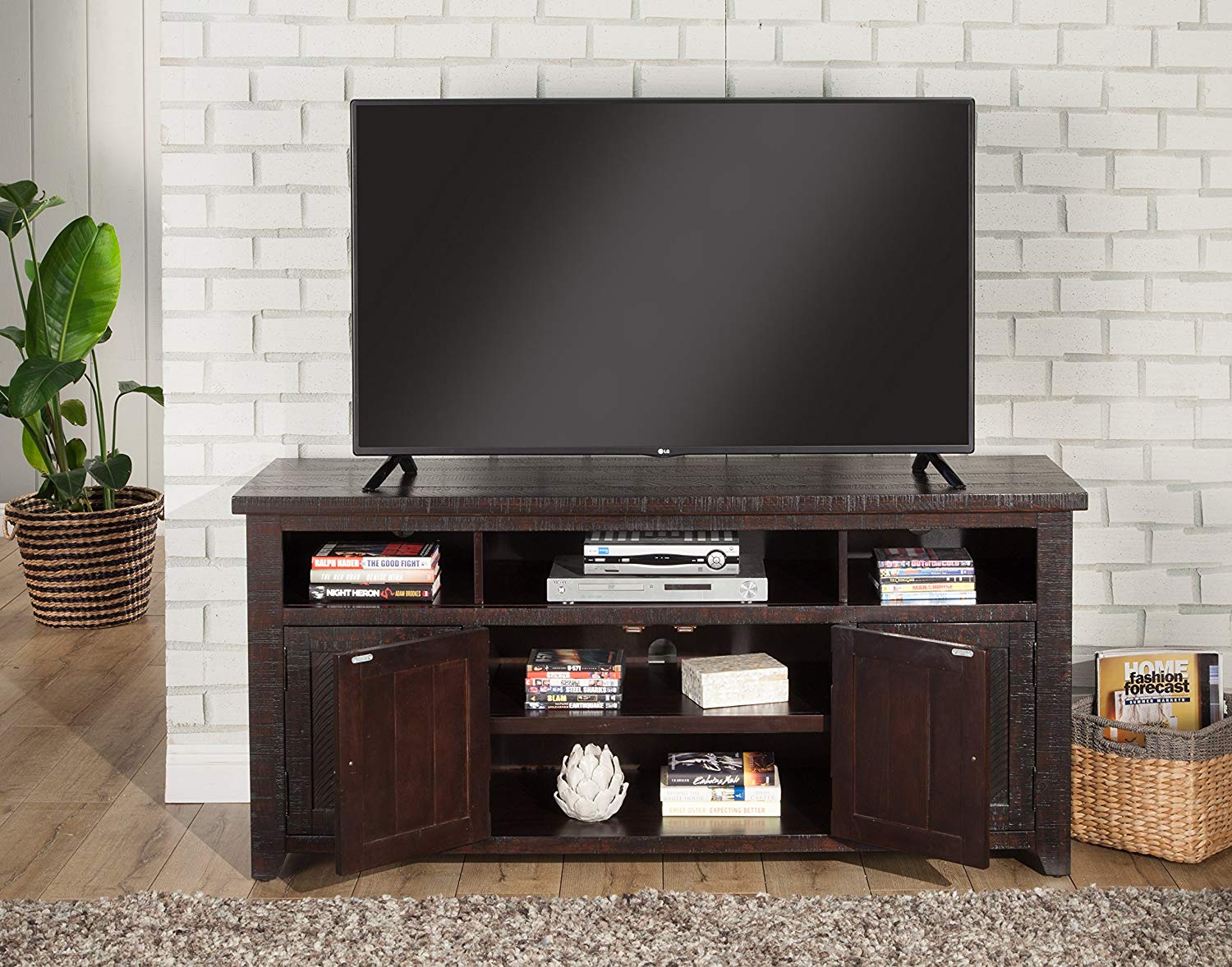 Wooden Tv Stand With 3 Shelves And Cabinets, Espresso Brown  By Benzara | TV Stands |  Modishstore  - 4