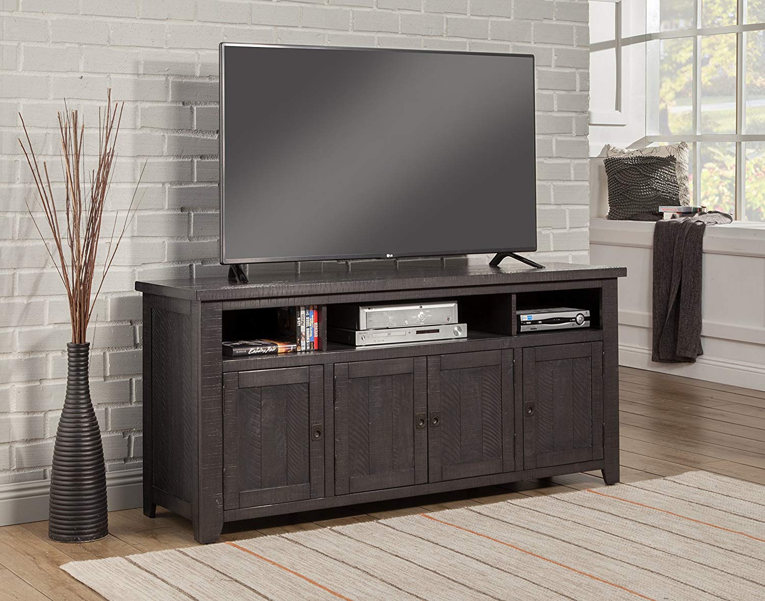 Wooden Tv Stand With 3 Shelves And Cabinets, Gray  By Benzara | TV Stands |  Modishstore  - 5