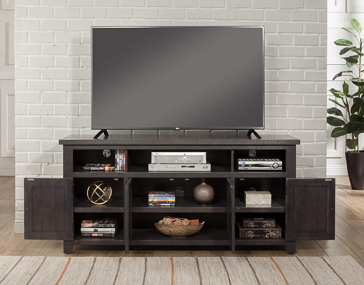 Wooden Tv Stand With 3 Shelves And Cabinets, Gray  By Benzara | TV Stands |  Modishstore  - 4