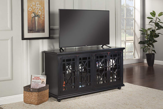 Wooden Tv Stand With Trellis Detailed Doors, Antiqued Black By Benzara | TV Stands |  Modishstore 