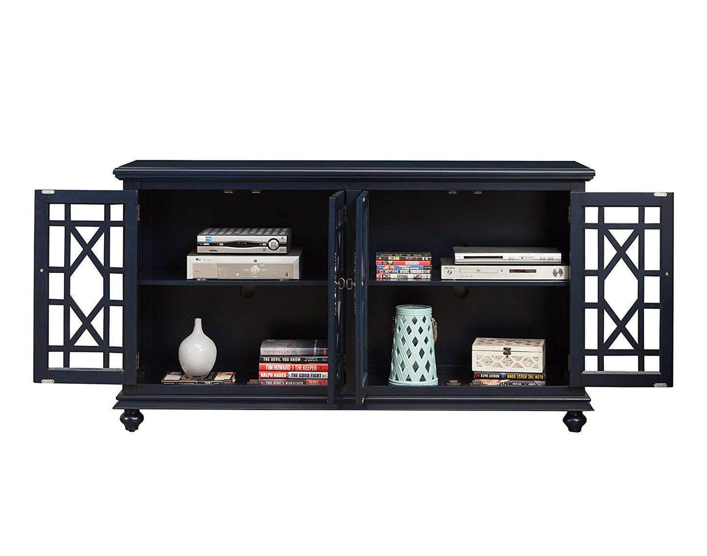 Wooden Tv Stand With Trellis Detailed Doors, Blue By Benzara | TV Stands |  Modishstore  - 3