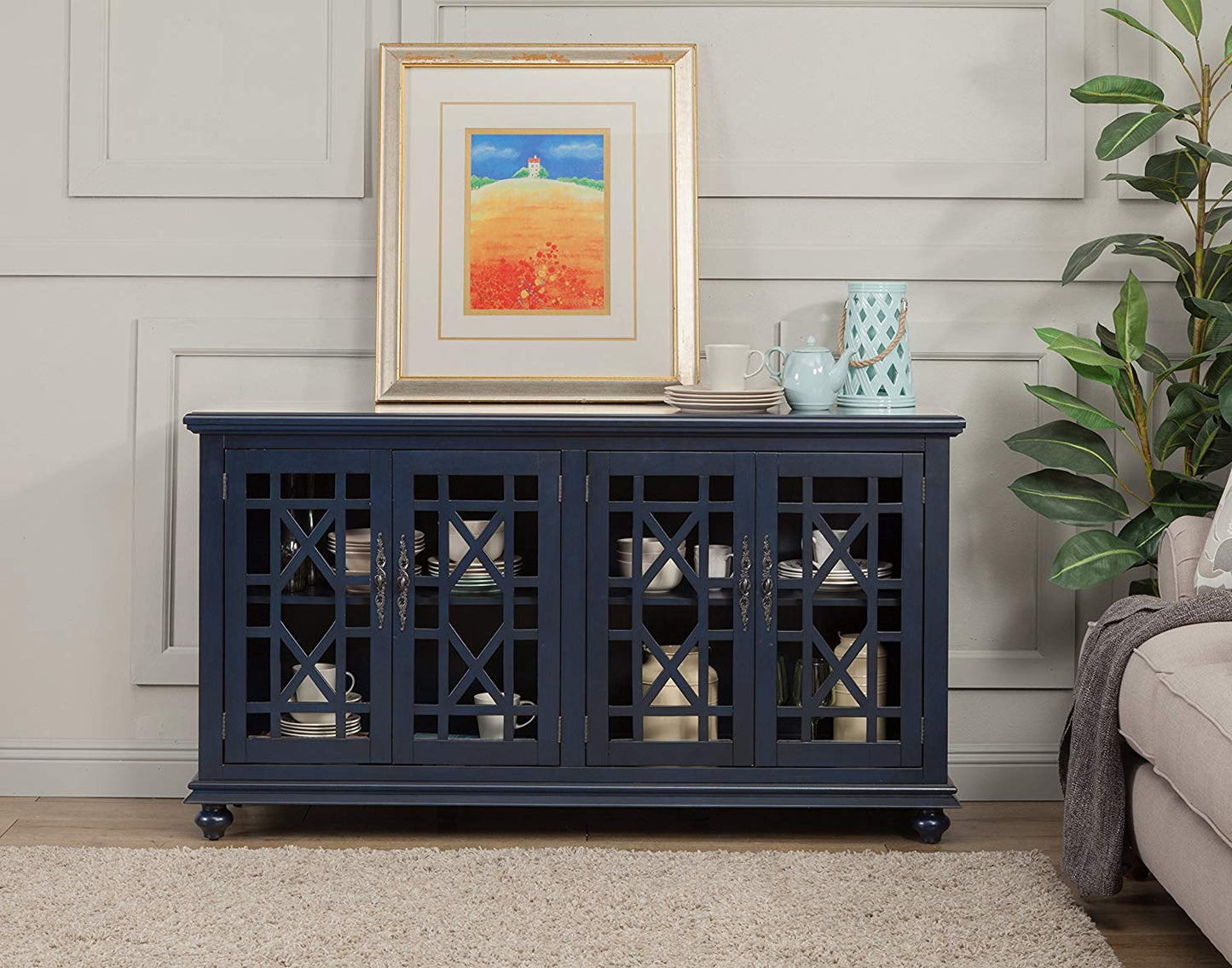 Wooden Tv Stand With Trellis Detailed Doors, Blue By Benzara | TV Stands |  Modishstore  - 5