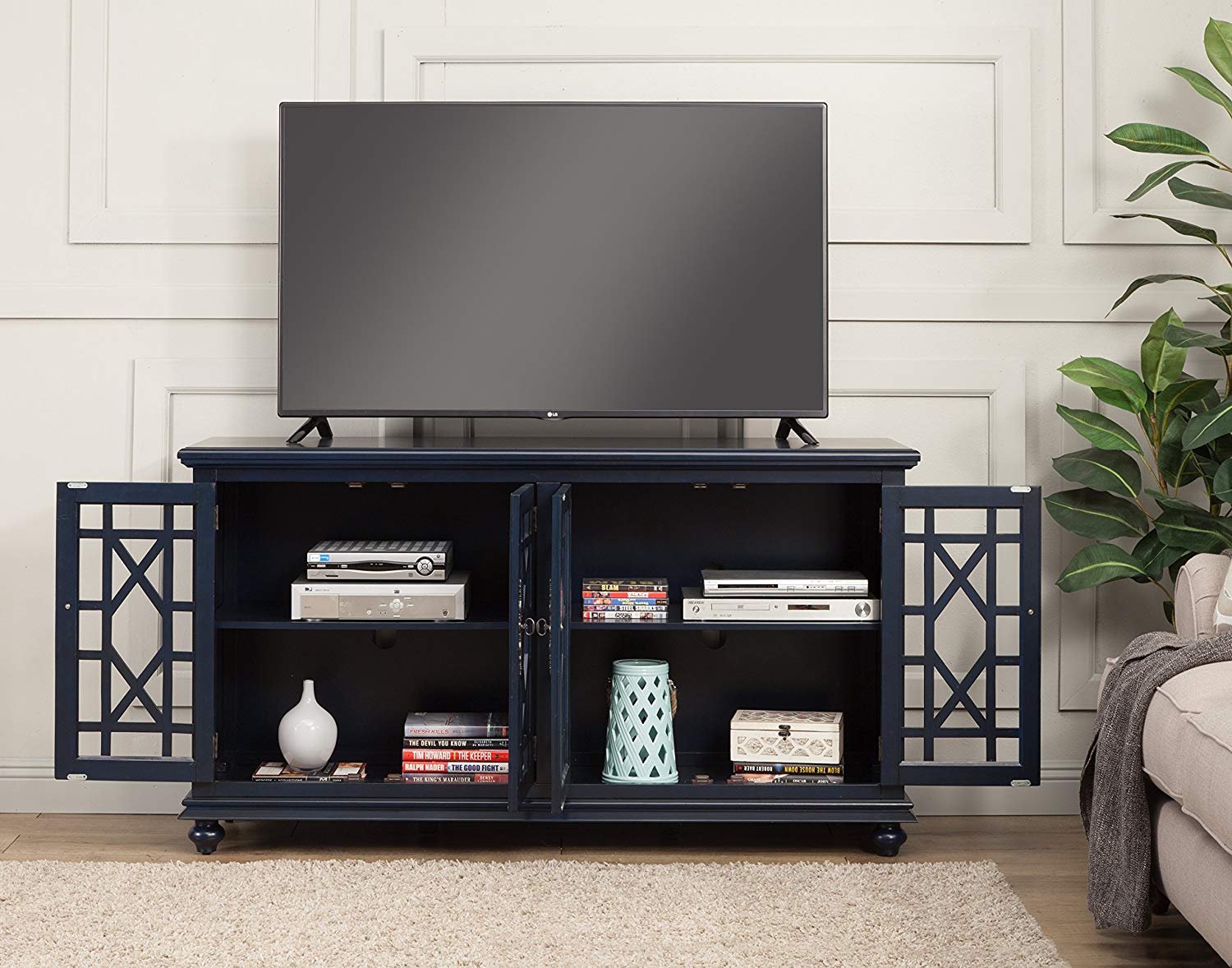 Wooden Tv Stand With Trellis Detailed Doors, Blue By Benzara | TV Stands |  Modishstore  - 4
