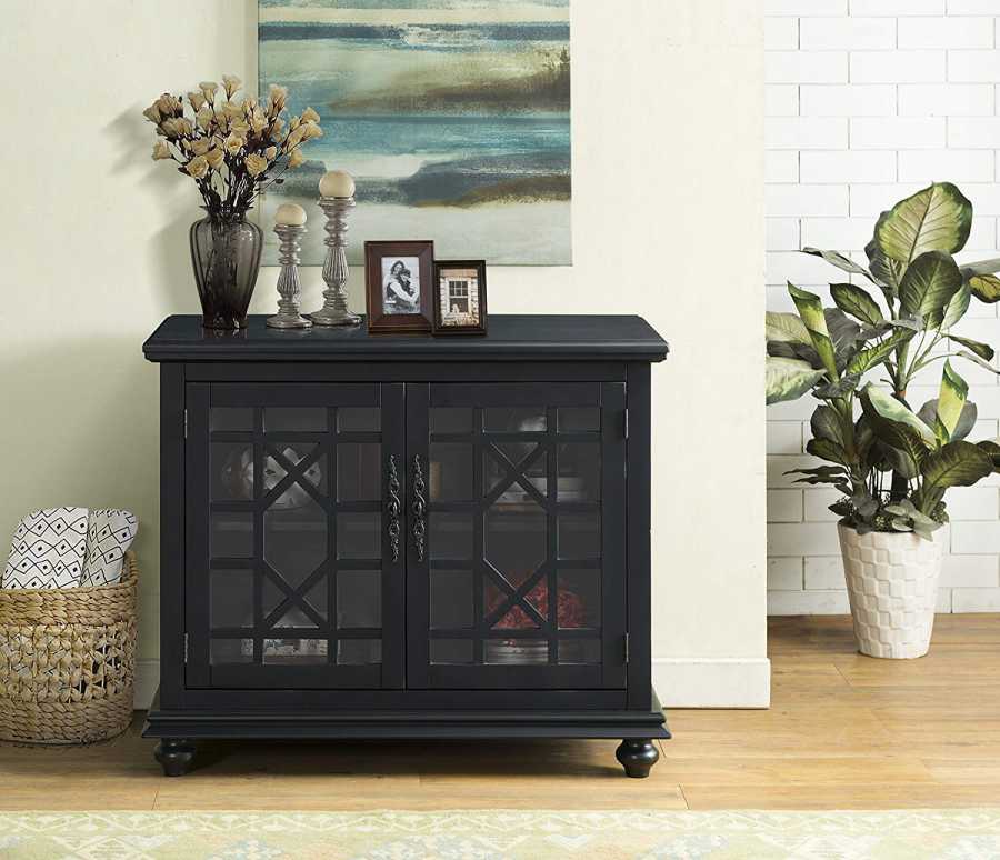 Wooden Tv Stand With Trellis Detailed Doors, Antique Black  By Benzara | TV Stands |  Modishstore 