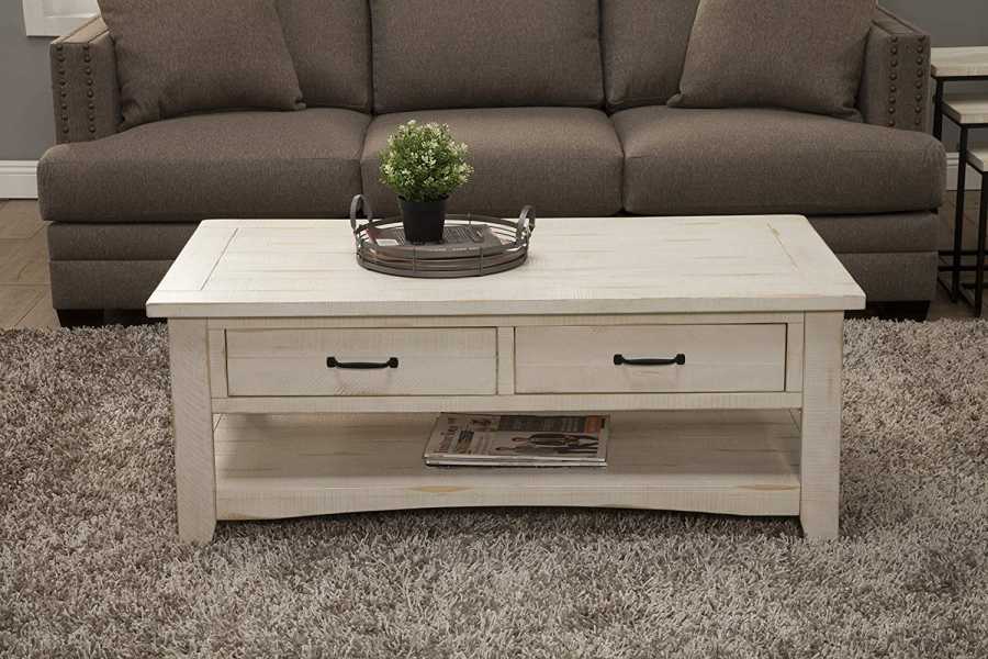Wooden Coffee Table With Two Drawers, Antique White  By Benzara | Coffee Tables |  Modishstore  - 2