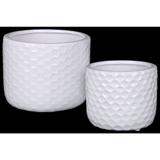 Ceramic Round Vase With Engraved Diamond Pattern, Set Of 2, White By Benzara | Vases | Modishstore