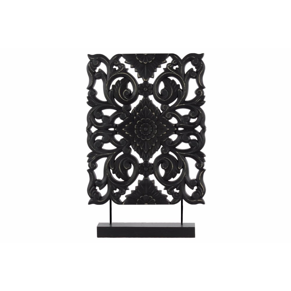 Wood Tall Rectangular Filigree Ornament On Rectangular Stand, Black  By Benzara | Home Accents |  Modishstore 