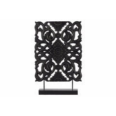 Wood Tall Rectangular Filigree Ornament On Rectangular Stand, Black  By Benzara